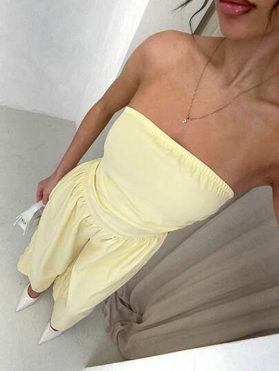 SHEIN Glamour 女士纯色性感无肩带褶皱A字阔腿连体裤，适合毕业舞会