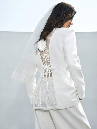 Ontre 2026 New White Lace Patchwork Textured Floral Decor Waist Fitted Women's Blazer, Suitable For Modern Urban Party, Back To School Season, Wedding, Urban Minimalist Casual Daily Wear, Bohemian Style, Vacation, Festival, Spring