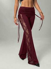 SHEIN Tall 女士黑色蕾丝侧边拼接沙滩度假性感腰部抽绳褶皱喇叭裤 - 酒紅色 - 查看 7