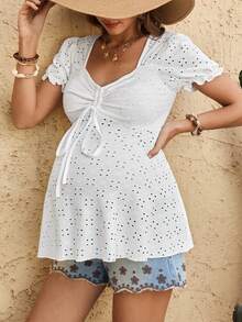 Boho Mama Summer Maternity White Textured A-Line/X-Shaped Cute And Sweet Top - White - View 3