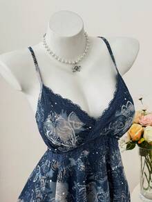 Sweetra 女士印花腰果花领蕾丝不对称下摆围巾式吊带背心，佩斯利印花，适合音乐节、夏季、度假、日常穿着 - 藍色 - 查看 3