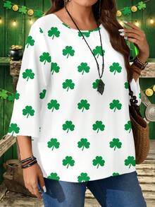 EMERY ROSE Kemeja Wanita Ukuran Besar Longgar Lengan 3/4 Motif Daun Semanggi Hijau Vintage Kasual Hari St. Patrick, Cocok untuk Musim Panas - Hijau - View 3