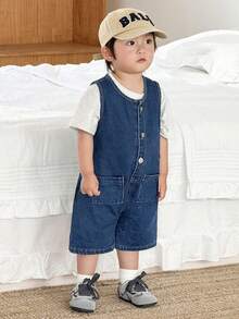 Bộ áo liền quần không tay bằng vải denim màu xanh hải quân dáng rộng cho bé trai - Rửa tối - Xem 4