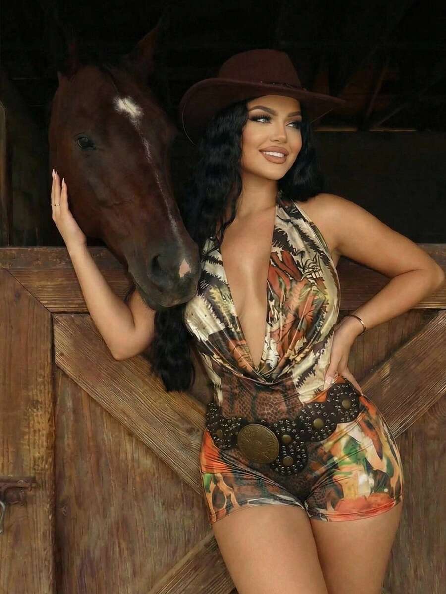 SHEIN SXY 女士性感度假风蛇纹印花深V领露背吊带连体裤，夏季 - 彩色 - 查看 1