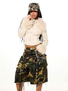 SUMWON WOMEN Faux Fur Trim Suede Cropped Bomber Jacket Winter Outerwear Statement Piece - Apricot - View 4