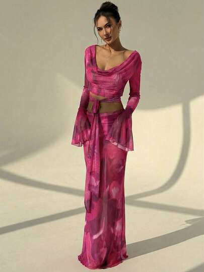 Aloruh 2pcs Women Tie-Dye Print Twist Front Long Sleeve Top And Skirt Set