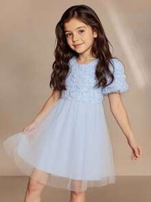 SHEIN Glamorique Kids 女童刺绣仿珍珠网纱纯色短袖连衣裙 - 藍色 - 查看 8