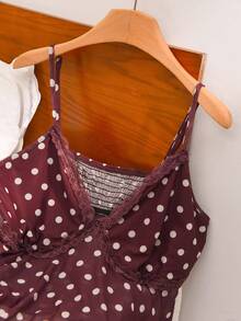 CosyJoli Áo hai dây ren phối họa tiết chấm bi dành cho nữ cỡ lớn - Cà phê nâu - Xem 5