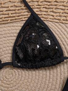 Swim SXY Sexy Sequin Fringed Triangle Cup Swimsuit, Summer - Black - View 8