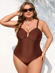 SHEIN CURVE+ 大码女式夏季性感沙滩度假风纯色褶皱胸部连体泳衣 - 咖啡棕 - 查看 4