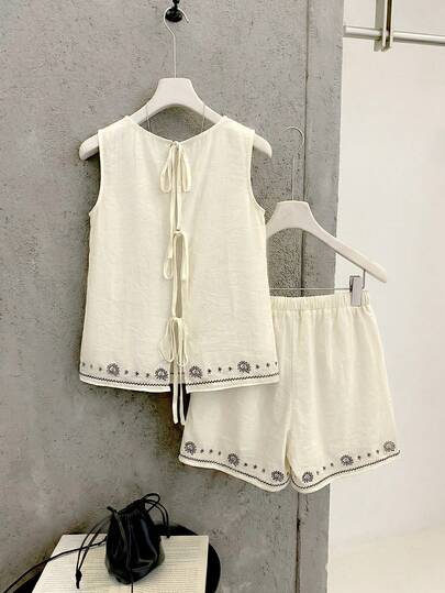 GlowEve Women's Summer Casual Vacation Floral Embroidery Tank Top And Shorts 2 Pieces Set