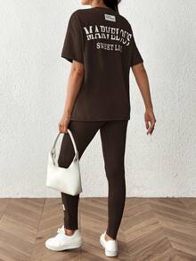 SHEIN 2pcs Maternity Casual Letter Print T-Shirt And Leggings Set, Summer - Coffee Brown - View 3