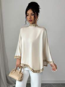 SHEIN Elenzya Elegant Romantic Vacation Chiffon Sequin Floral Trim Women Blouse Elegant Blouses Cream Blouse Poncho Top Blouse For Women Cape Top Elegant Blouse For Women Cream Outfit Women 2 Pieces Sets Woman Elegant Kaftan Style Top Elegant Women's Top Sequin Embroidery Top Working Blouse Women's Tops And Blouses - Apricot - View 4