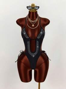 Amplova 女士亮片连体泳衣，性感前卫亮片设计，适合音乐节，侧边系带，腰部和背部镂空，可爱俏皮风格，带钢圈罩杯 - 黑色 - 查看 3