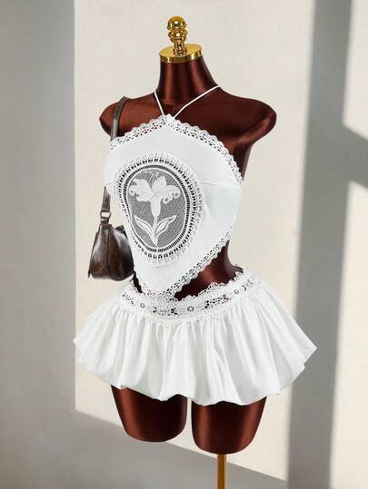 Amplova Women's Romantic Boho Floral Embroidery Sheer Blouse And Floral Bud Skirt Set