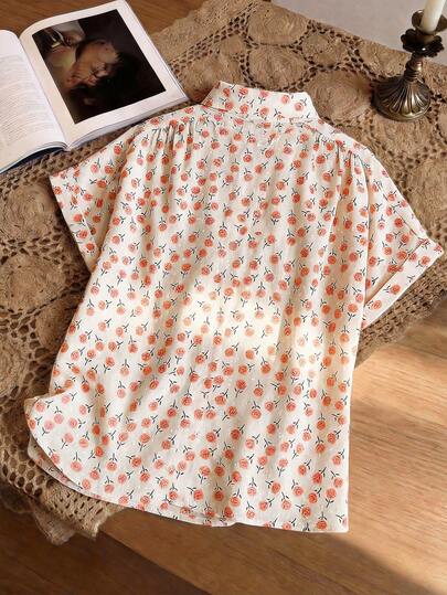 GlowEve CURVE Plus Size Women Romantic Beach Vacation Loose Ditsy Floral Turndown Collar Short Sleeve Textured Shirt