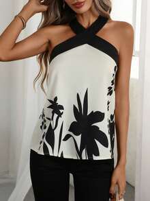 SHEIN Raffinéa Women's Vacation Style Digital Print Contrast Crisscross Halter Neck Sleeveless Tank Top - Apricot - View 4