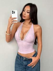SHEIN PETITE Kamisol Leher Halter Renda Kontras Warna Polos untuk Liburan Musim Panas Wanita, Ukuran Mungil untuk Wanita - Berwarna merah muda - View 6