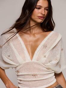 MUSERA Embellished Plunge Front Ruched Top Spring Summer Sexy Date Night Club Festival Holiday Night Out Vacation Soul Ties - Coffee Brown - View 2