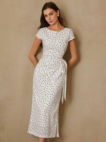 Revavyn Đầm ngắn tay ôm eo thanh lịch kiểu retro dành cho nữ, chất liệu vải chấm bi, thiết kế theo phong cách Pháp. - Đen và trắng - Xem 1