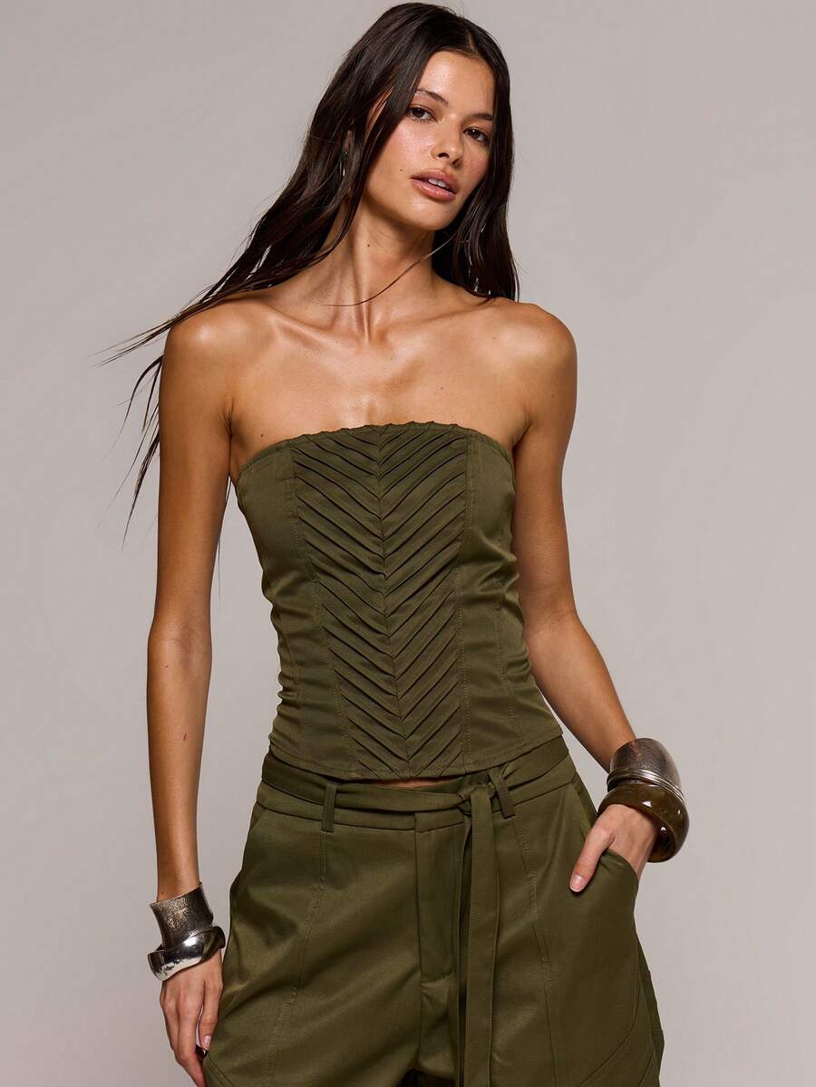 MUSERA Stitching Detail Fitted Strapless Crop Top Spring Summer Sexy Date Night Club Festival Holiday Night Out Vacation Soul Ties - Army Green - View 1