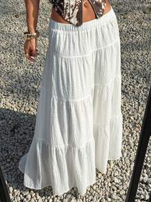 Muchica White Woven Women's Vacation Casual Ruffle Hem Skirt - White - View 6