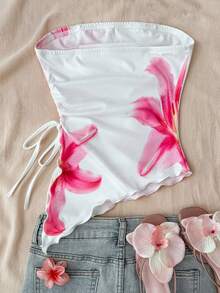 SHEIN Tween Girls White Knit Floral Print Asymmetrical Hem Tube Top Camisole With Drawstring, Spring/Summer - White - View 2