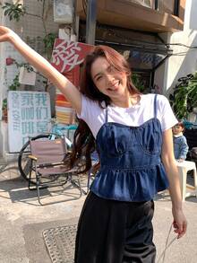 DAZY Women's Spaghetti Strap Denim Top With Ruffle Trim - Blue - View 5