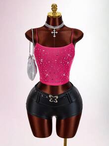 Amplova 2026 New Rhinestone Embellished Low-Cut Basic Top - Pink - View 8