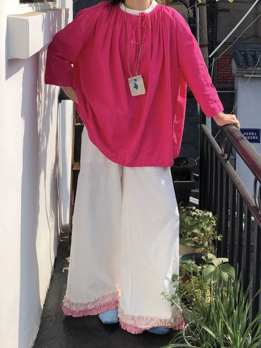 DAZY Women's Loose Ruffled Hem Casual Wide Leg Pants, Korean Style - White - View 1