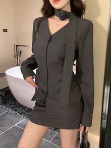 DAZY Women's Autumn French Retro Single-Breasted V-Neck Tie-Waist Cardigan + Skirt 2 Pieces Suit Set - Grey - View 4