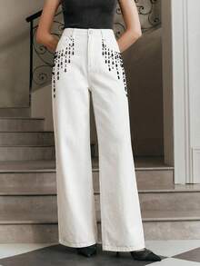 Anewsta 春季新款水洗牛仔时尚复古手工串珠百搭通勤阔腿女式牛仔裤 - 白色 - 查看 4