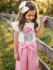 SHEIN LMoss Kids 女童蝴蝶结装饰上衣和条纹裤套装 - 粉色 - 查看 4