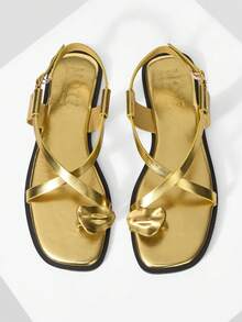 MOTF PREMIUM LADIES SUMMER FASHION CASUAL COMMUTER VACATION WIND METAL TRIM THUMBS CROSSED WITH FLAT SANDALS SUMMER SHOES - Gold - View 4
