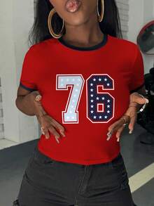 Rovax Number & Star Print Contrast Trim Casual Round Neck Short Sleeve T-Shirt, Summer - Multicolor - View 4