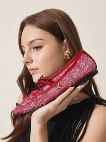 CUCCOO CHICEST 2025春秋新款婚礼风网纱玛丽珍鞋，饰有蝴蝶结，纯色舒适休闲方头平底鞋，百搭 - 中紫紅色 - 查看 6