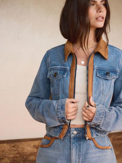 WESTFADE Mixed Media Premium 91% Cotton Denim & Faux Suede Flap Pocket Zipper Front Collared Relaxed Western Jacket Spring, Summer, Resort Wear, Festival, Cowgirl, Cute, Boho