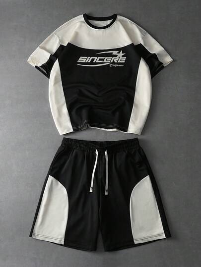 PAVTROS Men's Casual Color-Blocked T-Shirt And Shorts Set, Summer, Y2K, Holiday, Retro, Street Style, New Year, Black And White Structured Striped Color-Blocked Crew Neck T-Shirt Set.,Spring To Summer,Y2k,Streetwear,Festival,Vacation,Gift For My Boyfriend,Party,Workout,Old Money,Going Out,Vintage,