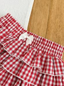 Young Girls Bow Decor Plaid Layered Ruffle Skirt Shorts Girl Red Checkered - Multicolor - View 6