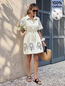 Serisse 女士休闲度假花卉刺绣纽扣迷你连衣裙 - 杏色 - 查看 7