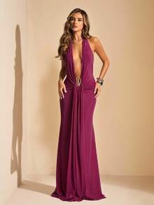 SHEIN BAE Solid Color Halter Deep V-Neck Bodycon Elegant Extra Long Mesh Dress, Feminine Dress, Summer Long Dress, Brunch Dress, Beach Vacation Dress Deep V Dress Sexy Vacation Dress - Purple - View 2