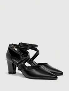 CUCCOO BIZCHIC 女士新款黑色漆皮尖头交叉绑带时尚高跟鞋，情人节约会百搭之选 - 黑色 - 查看 7