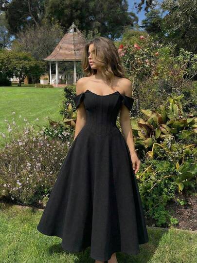 SHEIN MOD Vestido asimétrico de hombro con patrón de espina de pescado negro vintage para mujer, adecuado para primavera/verano, vestido de noche, vestido formal, vestido de baile, vestido negro largo, vestido de dama de honor, vestido de graduación, vestido estilo renacimiento, vestido retro