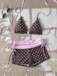 Swim Mod 26SS 春夏度假沙滩可爱黄粉波点三角比基尼上衣和低腰泳裤撞色两件套 - 彩色 - 查看 1