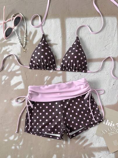 Swim Mod 26SS 春夏度假沙滩可爱黄粉波点三角比基尼上衣和低腰泳裤撞色两件套