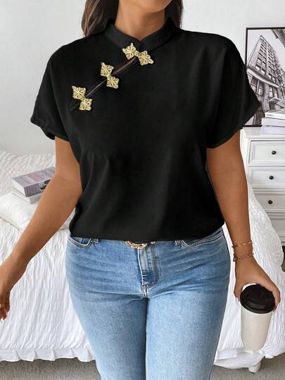 Vionelle Plus Size Women's Vintage Chinese Style Button Mandarin Collar Short Sleeve Blouse, Summer Casual Tops To Wear With Jeans T Shirt Blouses For Women New T Shirt Latest Tops For Women New Arrivals Top For Women