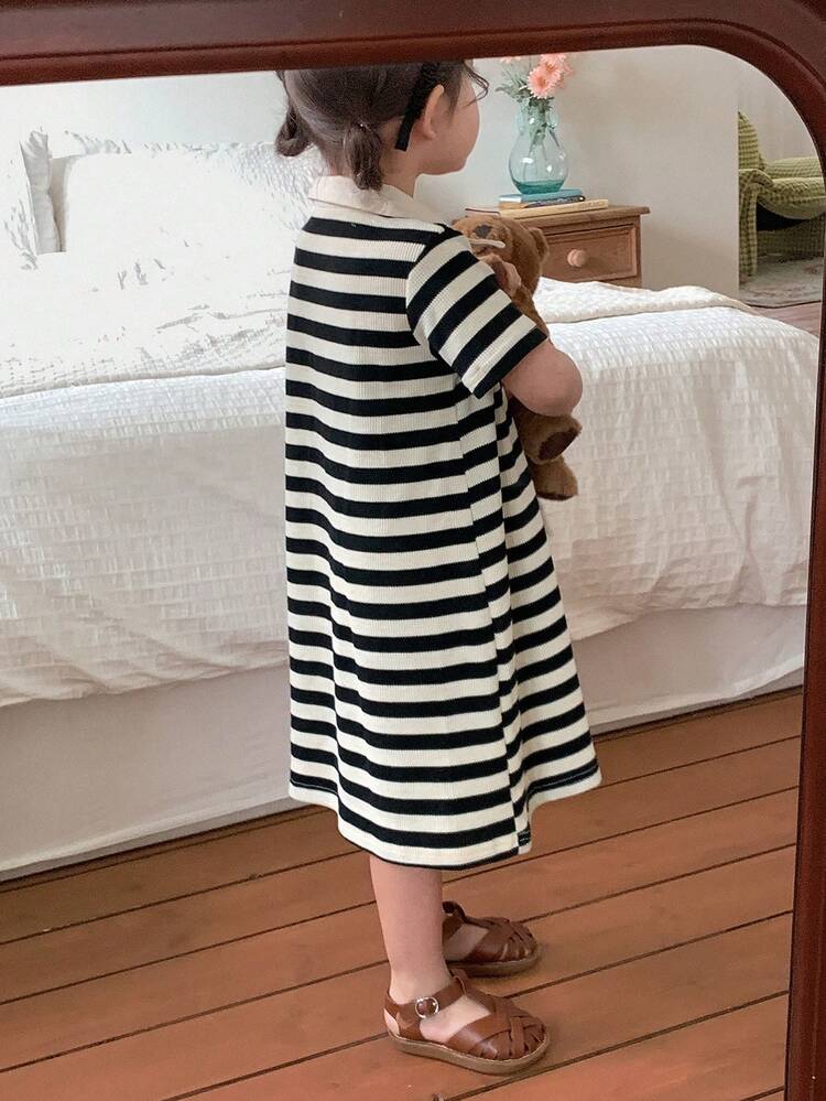 Toddler Girls' Casual Striped Polo Collar Contrast Color Short Sleeve Dress