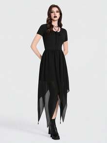 Breakform Vestido de mujer de cuello redondo y manga corta estilo gótico, vestido negro, vestido de cuello redondo con lazo, vestido de tela de punto y gasa con parches, vestido de bajo asimétrico - Negro - Ver 3