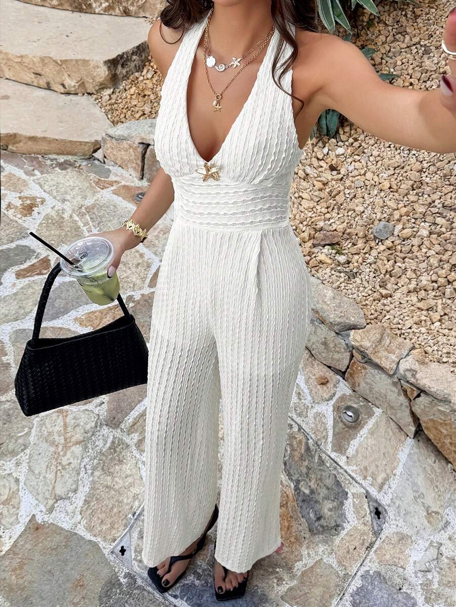 Pariaura Women's Casual And Elegant Apricot Sexy Halter Top+Long Baggy Pants,2Pcs Office Vacation Style Set Suitable For Daily Wear/Vcation/Date/Office Attire/Teacher - Apricot - View 1