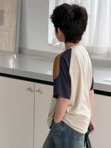 Dazy Kids Tween Boys' Letter Print Color Block Round Neck Casual Loose T-Shirt - Apricot - View 4